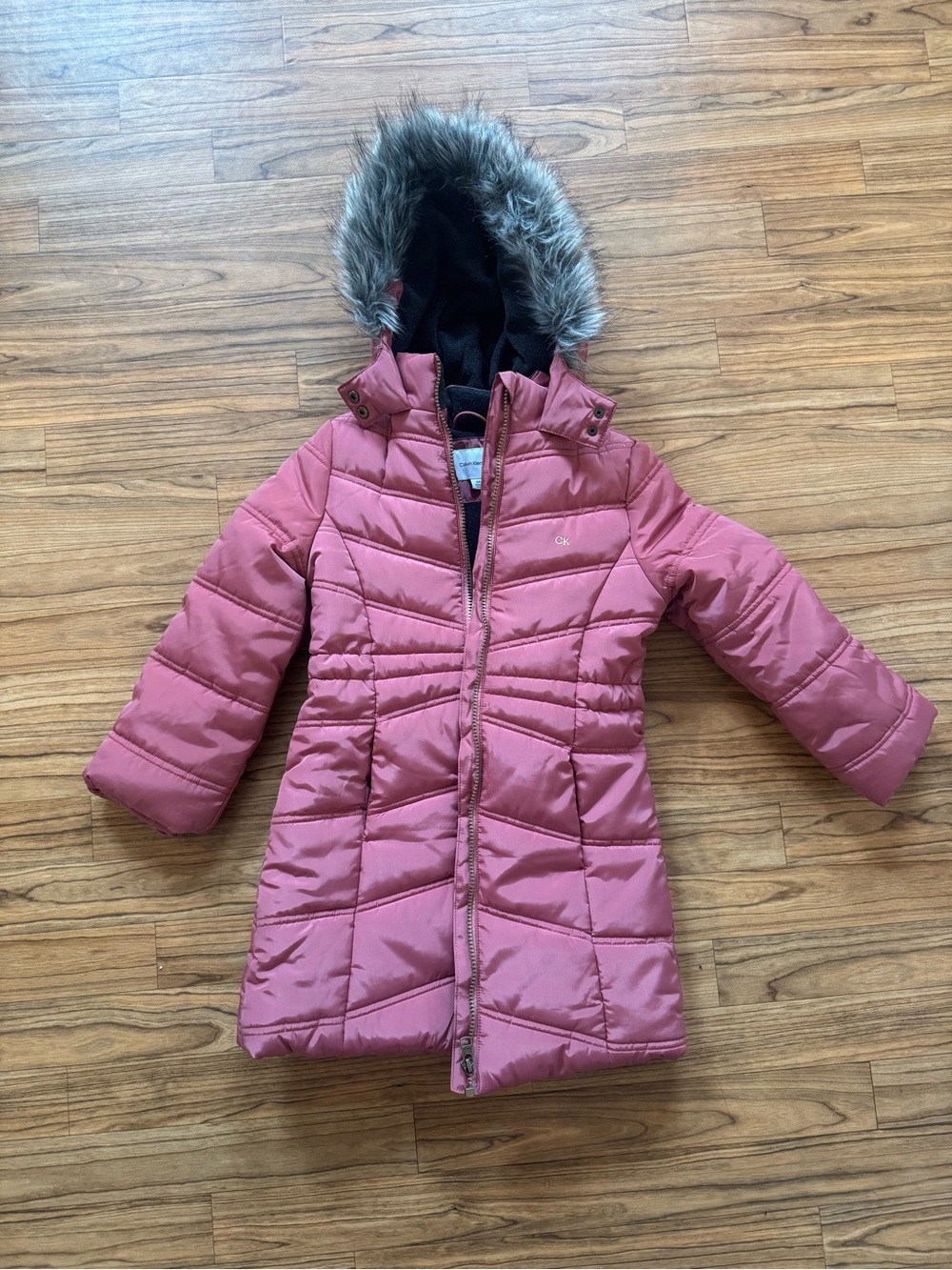Calvin Klein Jeans Dark Gray Hooded Coat with Pink Trim